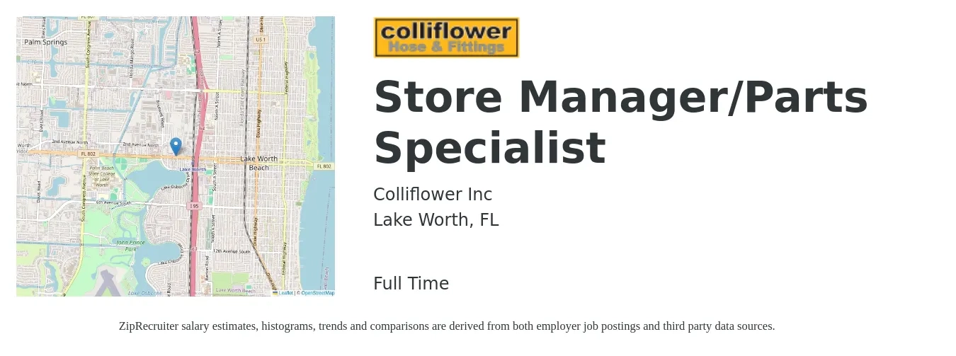 Colliflower Inc job posting for a Store Manager/Parts Specialist in Lake Worth, FL with a salary of $37,100 to $57,600 Yearly with a map of Lake Worth location.