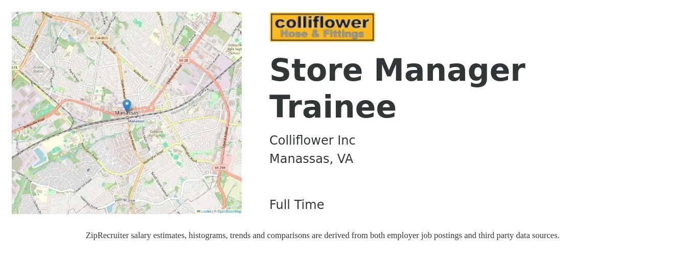 Colliflower Inc job posting for a Store Manager Trainee in Manassas, VA with a salary of $20 to $23 Hourly with a map of Manassas location.