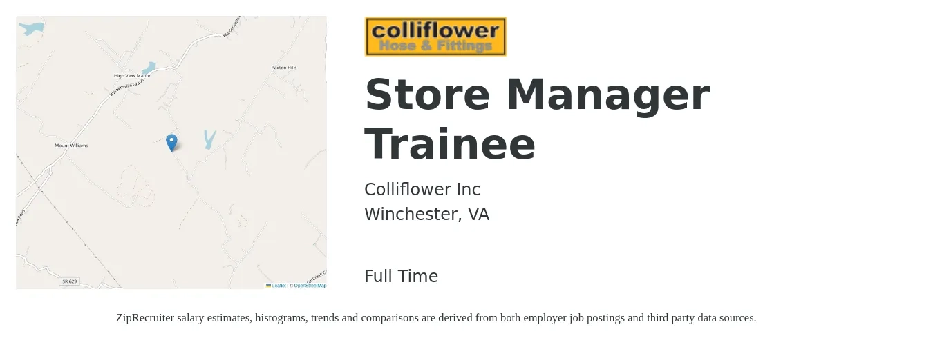 Colliflower Inc job posting for a Store Manager Trainee in Winchester, VA with a salary of $19 to $23 Hourly with a map of Winchester location.