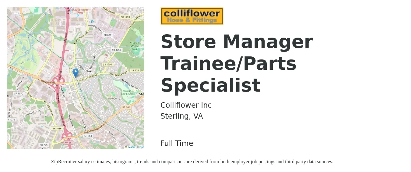 Colliflower Inc job posting for a Store Manager Trainee/Parts Specialist in Sterling, VA with a salary of $17 to $25 Hourly with a map of Sterling location.