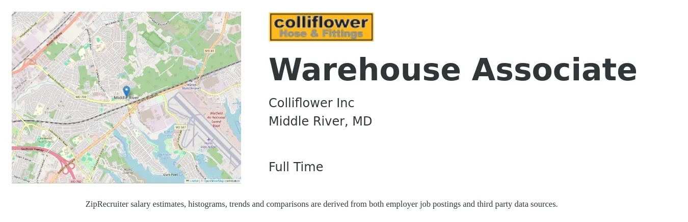 Colliflower Inc job posting for a Warehouse Associate in Middle River, MD with a salary of $15 to $18 Hourly with a map of Middle River location.