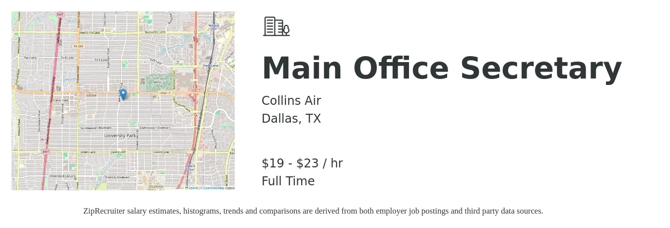 Collins Air job posting for a Main Office Secretary in Dallas, TX with a salary of $20 to $24 Hourly with a map of Dallas location.