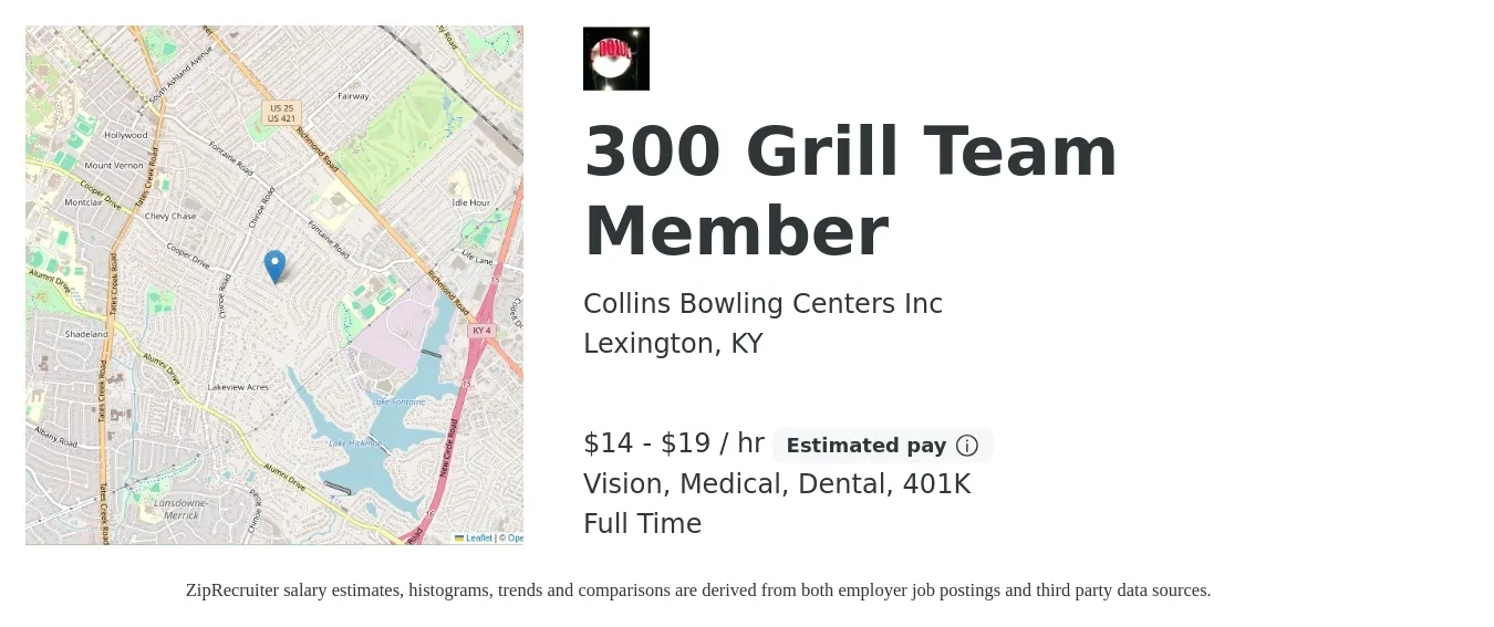 Collins Bowling Centers Inc job posting for a 300 Grill Team Member in Lexington, KY with a salary of $15 to $20 Hourly and benefits including 401k, dental, medical, and vision with a map of Lexington location.