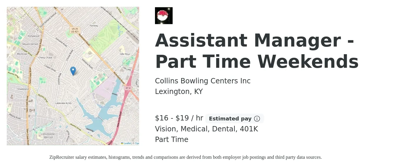 Collins Bowling Centers Inc job posting for a Assistant Manager - Part Time Weekends in Lexington, KY with a salary of $17 to $20 Hourly and benefits including dental, medical, vision, and 401k with a map of Lexington location.
