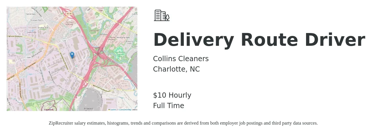 Collins Cleaners job posting for a Delivery Route Driver in Charlotte, NC with a salary of $11 Hourly with a map of Charlotte location.