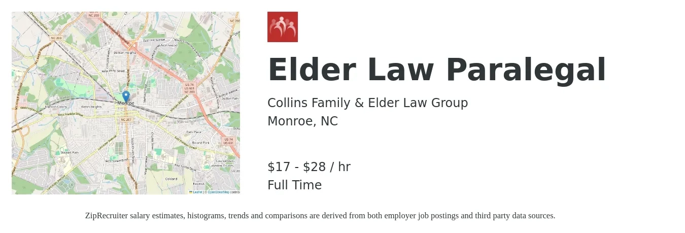 Collins Family & Elder Law Group job posting for a Elder Law Paralegal in Monroe, NC with a salary of $18 to $30 Hourly with a map of Monroe location.