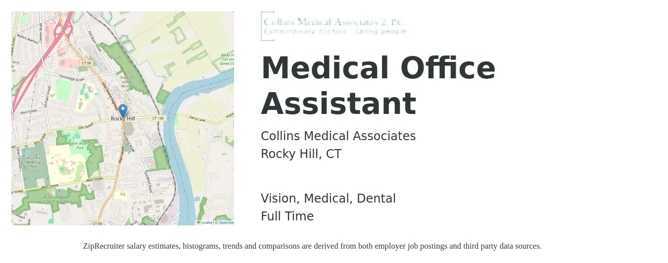 Collins Medical Associates job posting for a Medical Office Assistant in Rocky Hill, CT with a salary of $34,300 to $41,900 Yearly and benefits including dental, life_insurance, medical, pto, retirement, and vision with a map of Rocky Hill location.