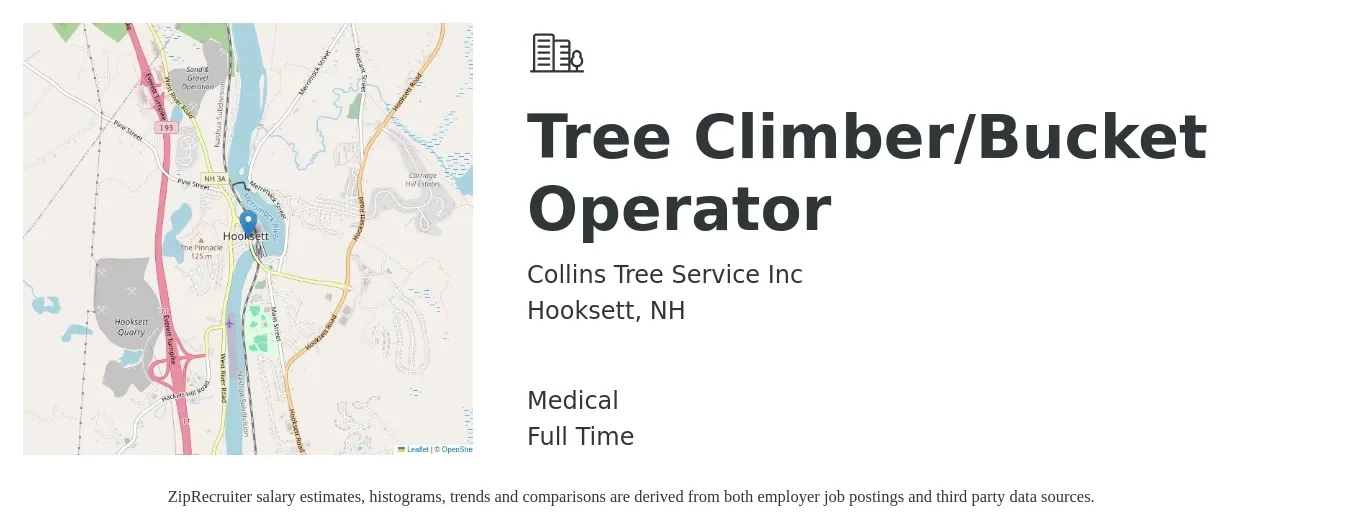 Collins Tree Service Inc job posting for a Tree Climber/Bucket Operator in Hooksett, NH with a salary of $960 to $1,120 Weekly and benefits including medical, and retirement with a map of Hooksett location.