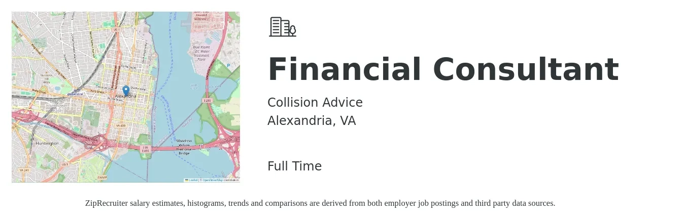 Collision Advice job posting for a Financial Consultant in Alexandria, VA with a salary of $84,600 to $133,800 Yearly with a map of Alexandria location.