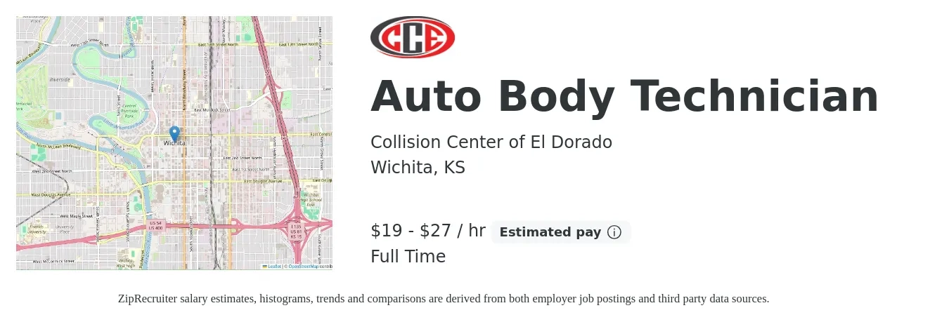 Collision Center of El Dorado job posting for a Auto Body Painter in Wichita, KS with a salary of $20 to $29 Hourly with a map of Wichita location.
