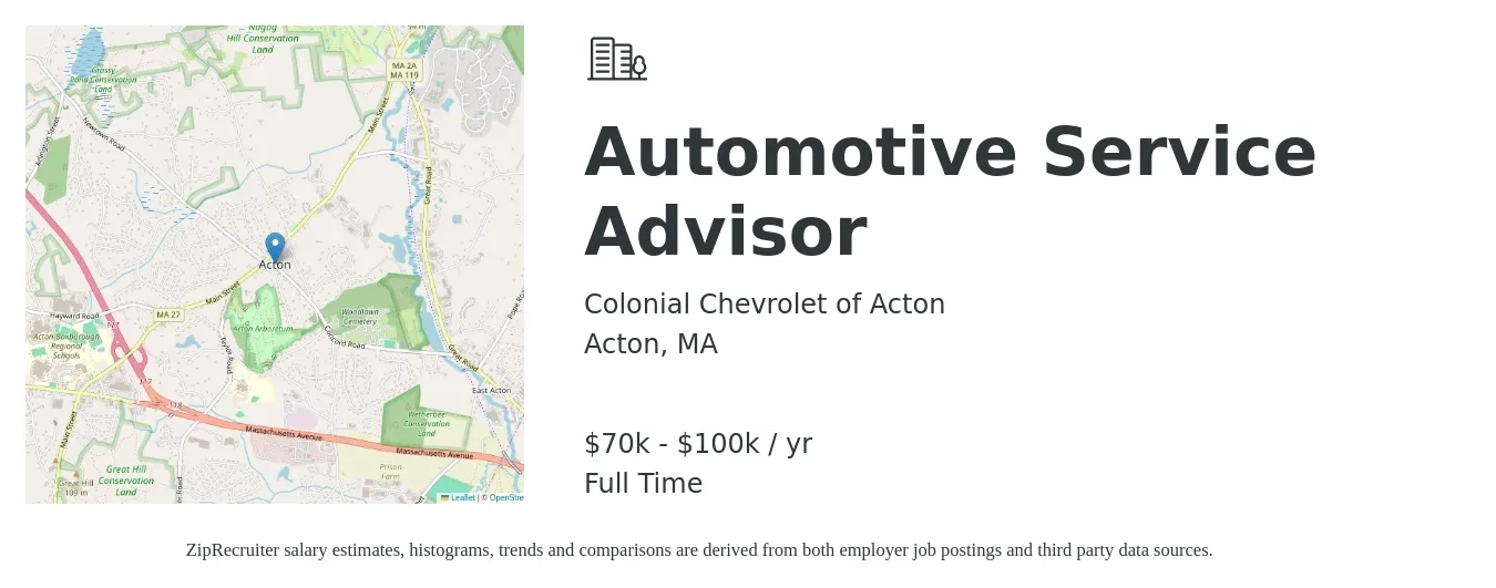 Colonial Chevrolet of Acton job posting for a Automotive Service Advisor in Acton, MA with a salary of $70,000 to $90,000 Yearly with a map of Acton location.