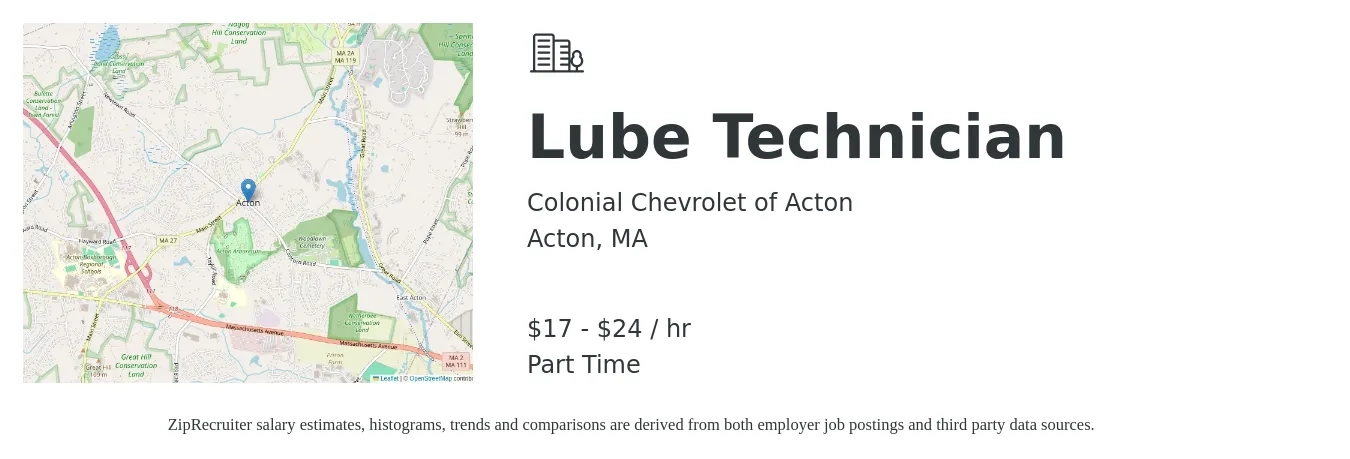 Colonial Chevrolet of Acton job posting for a Lube Technician in Acton, MA with a salary of $18 to $25 Hourly with a map of Acton location.