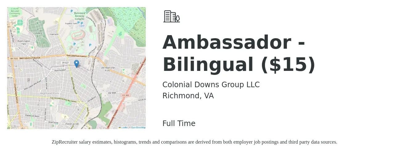 Colonial Downs Group LLC job posting for a Ambassador - Bilingual ($15) in Richmond, VA with a salary of $17 to $24 Hourly with a map of Richmond location.