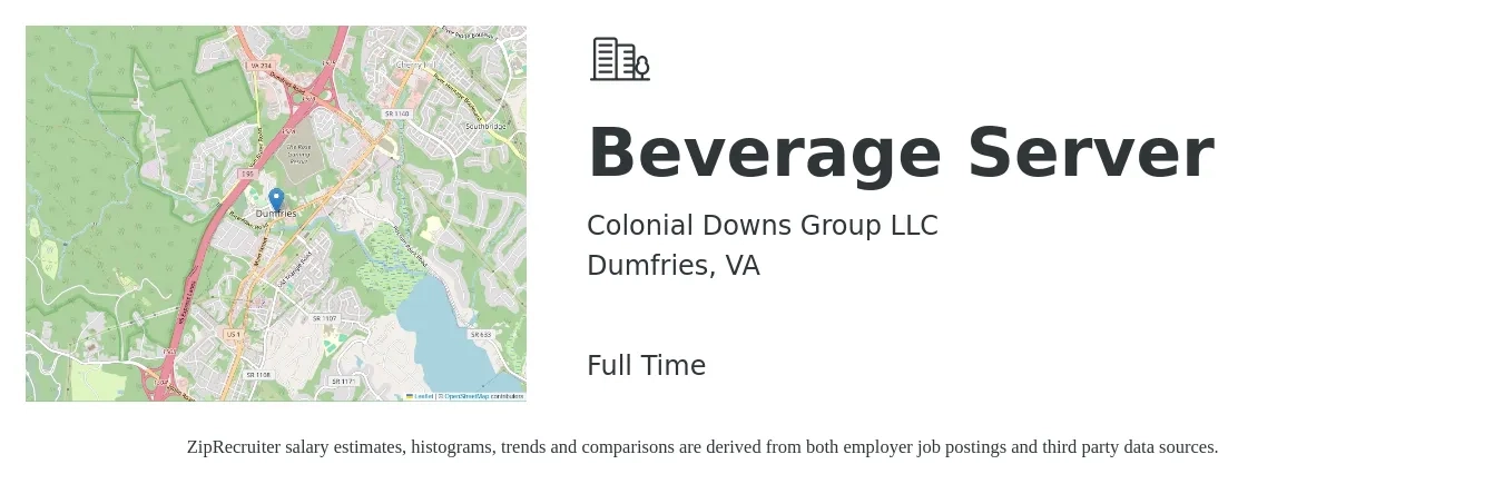 Colonial Downs Group LLC job posting for a Beverage Server in Dumfries, VA with a salary of $11 to $17 Hourly with a map of Dumfries location.