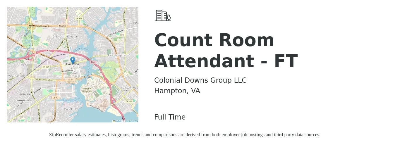 Colonial Downs Group LLC job posting for a Count Room Attendant - FT in Hampton, VA with a salary of $12 to $15 Hourly with a map of Hampton location.