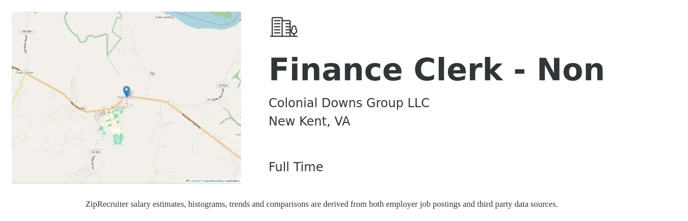 Colonial Downs Group LLC job posting for a Finance Clerk - Non in New Kent, VA with a salary of $16 to $22 Hourly with a map of New Kent location.