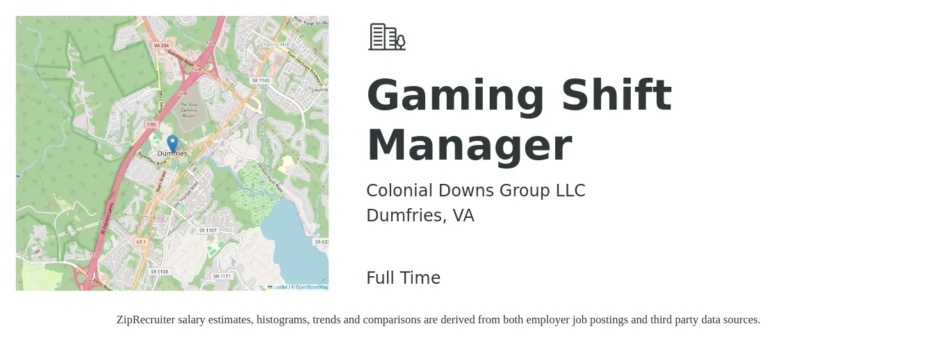 Colonial Downs Group LLC job posting for a Gaming Shift Manager in Dumfries, VA with a salary of $34,500 to $66,100 Yearly with a map of Dumfries location.