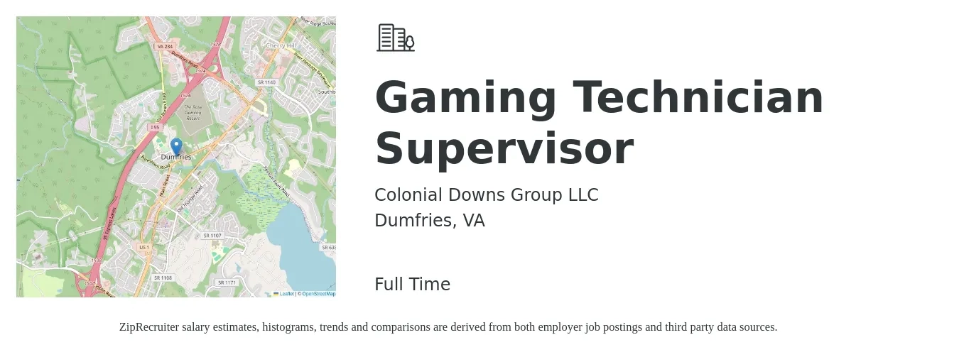 Colonial Downs Group LLC job posting for a Gaming Technician Supervisor in Dumfries, VA with a salary of $25 to $36 Hourly with a map of Dumfries location.