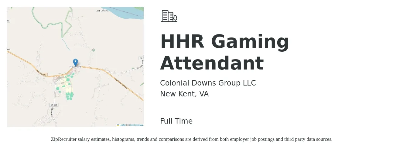 Colonial Downs Group LLC job posting for a HHR Gaming Attendant in New Kent, VA with a salary of $11 to $16 Hourly with a map of New Kent location.