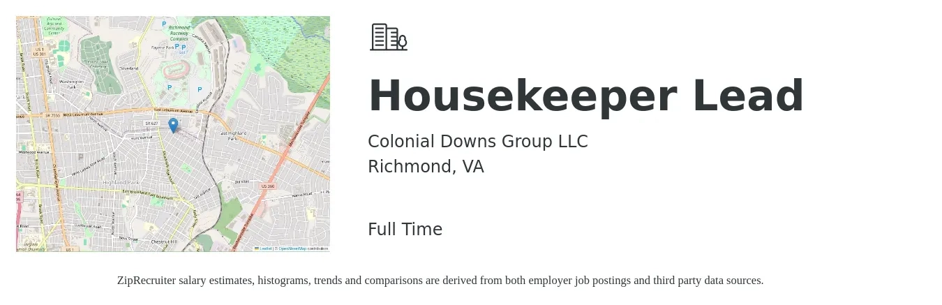 Colonial Downs Group LLC job posting for a Housekeeper Lead in Richmond, VA with a salary of $16 to $19 Hourly with a map of Richmond location.