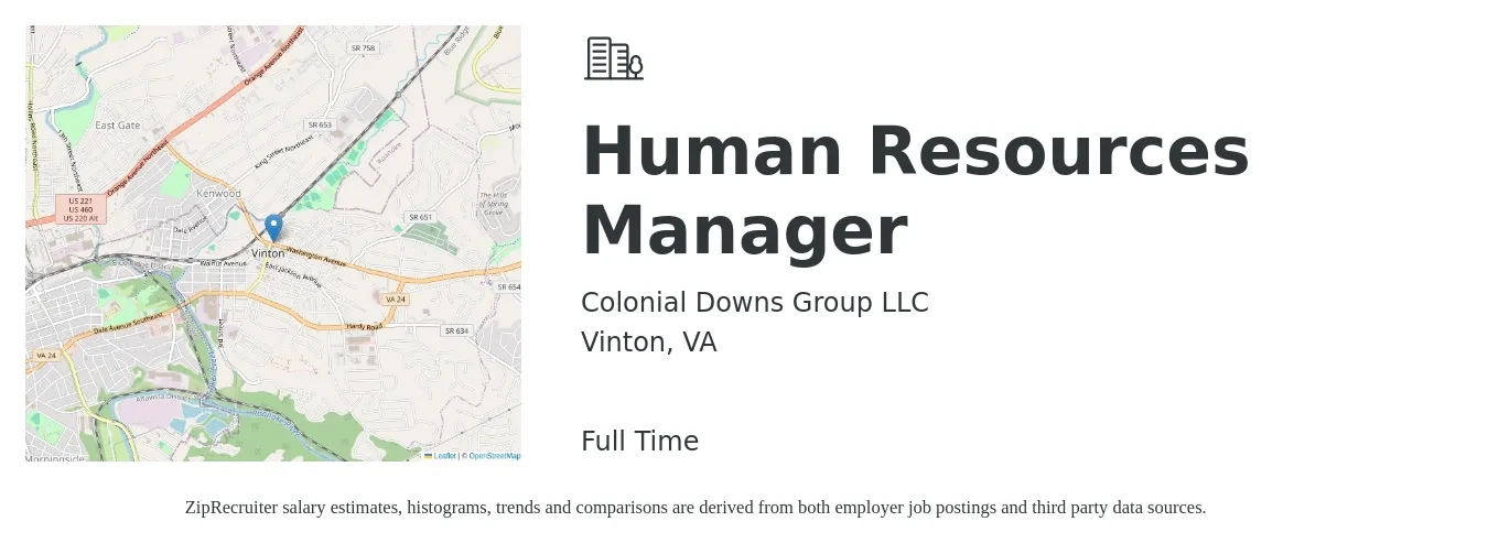 Colonial Downs Group LLC job posting for a Human Resources Manager in Vinton, VA with a salary of $67,700 to $98,200 Yearly with a map of Vinton location.