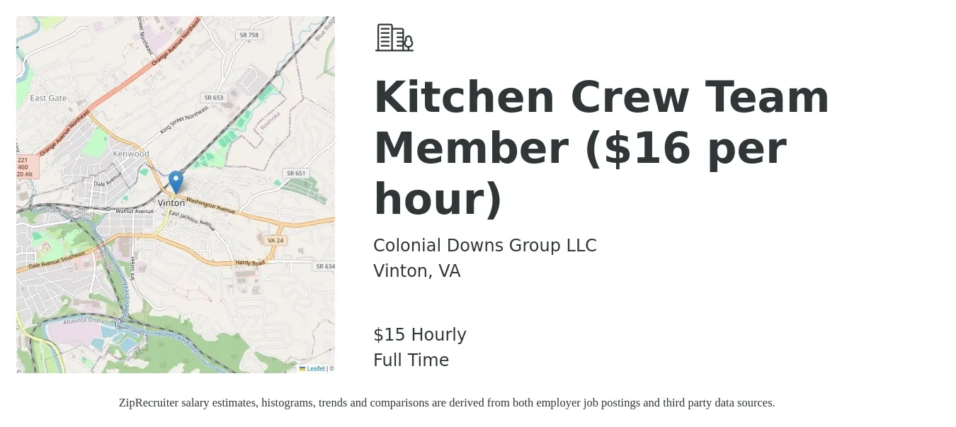 Colonial Downs Group LLC job posting for a Kitchen Crew Team Member ($16 per hour) in Vinton, VA with a salary of $16 Hourly with a map of Vinton location.