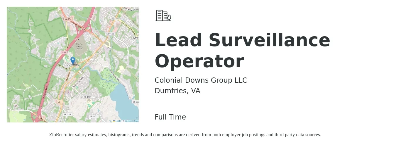 Colonial Downs Group LLC job posting for a Lead Surveillance Operator in Dumfries, VA with a salary of $16 to $21 Hourly with a map of Dumfries location.
