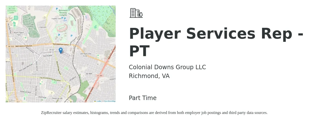 Colonial Downs Group LLC job posting for a Player Services Rep - PT in Richmond, VA with a salary of $17 to $22 Hourly with a map of Richmond location.