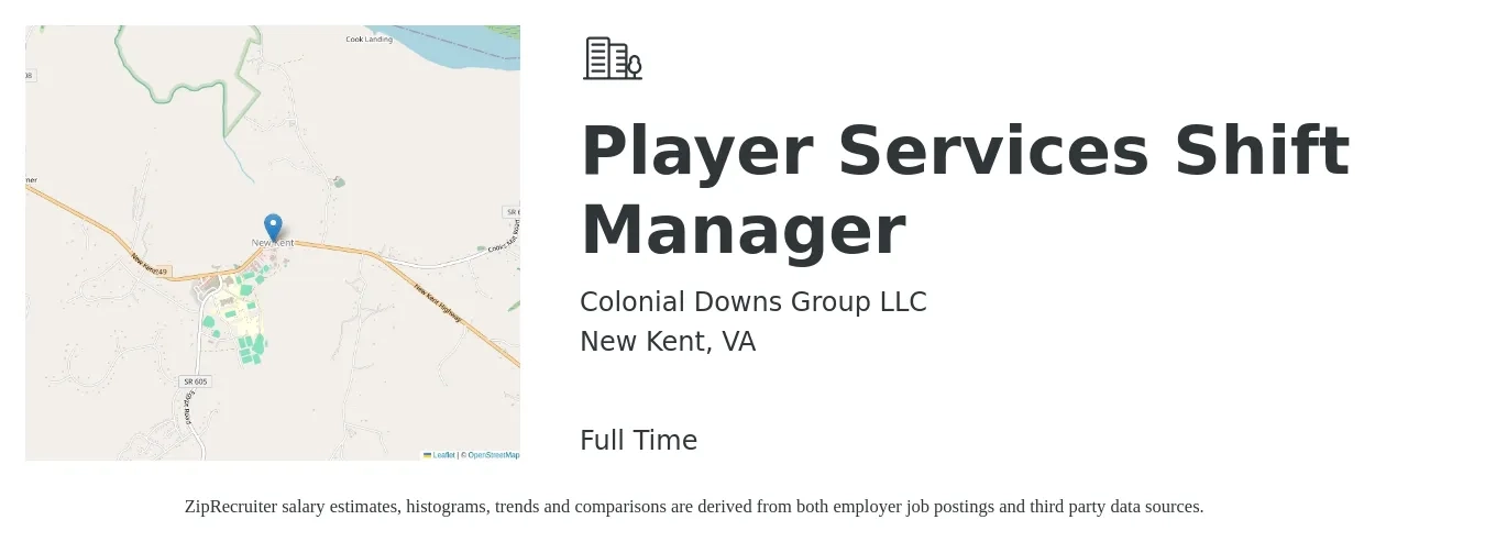 Colonial Downs Group LLC job posting for a Player Services Shift Manager in New Kent, VA with a salary of $14 to $18 Hourly with a map of New Kent location.