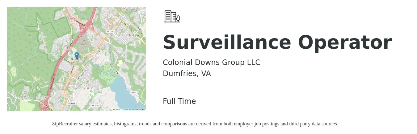 Colonial Downs Group LLC job posting for a Surveillance Operator in Dumfries, VA with a salary of $16 to $21 Hourly with a map of Dumfries location.