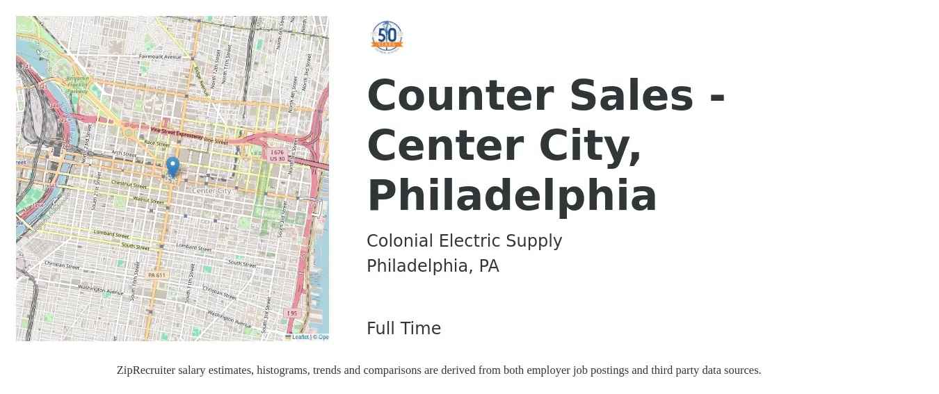 Colonial Electric Supply job posting for a Counter Sales - Center City, Philadelphia in Philadelphia, PA with a salary of $16 to $21 Hourly with a map of Philadelphia location.
