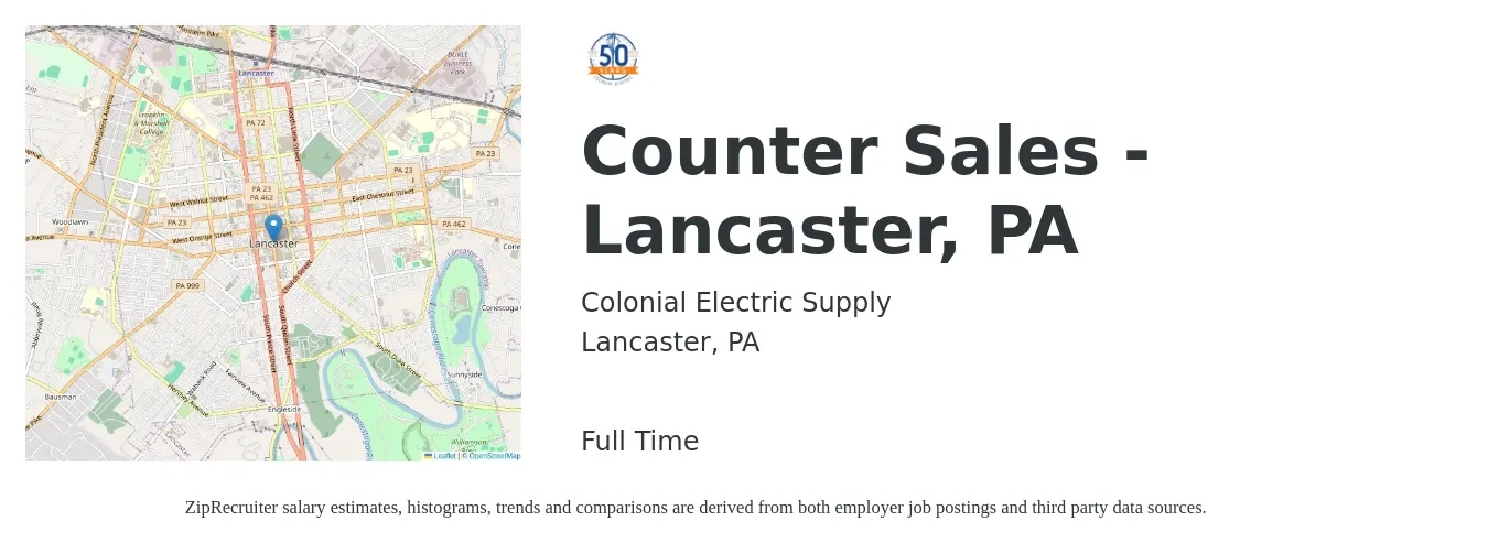 Colonial Electric Supply job posting for a Counter Sales - Lancaster, PA in Lancaster, PA with a salary of $16 to $20 Hourly with a map of Lancaster location.