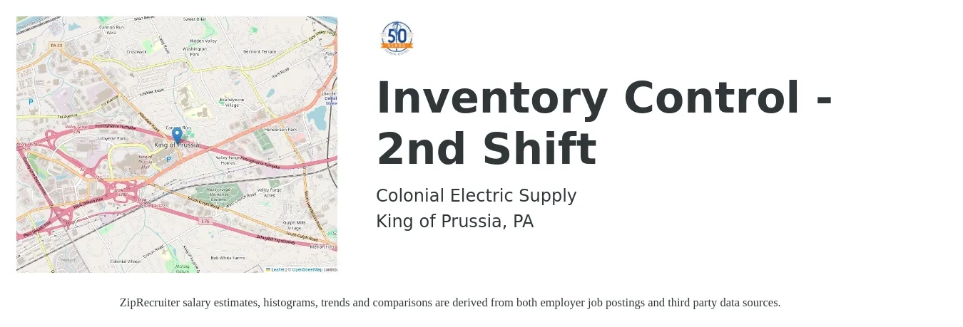 Colonial Electric Supply job posting for a Inventory Control - 2nd Shift in King of Prussia, PA with a salary of $16 to $20 Hourly with a map of King of Prussia location.