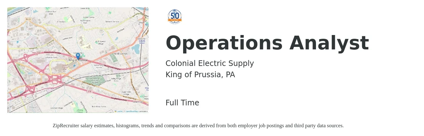 Colonial Electric Supply job posting for a Operations Analyst in King of Prussia, PA with a salary of $24 to $41 Hourly with a map of King of Prussia location.