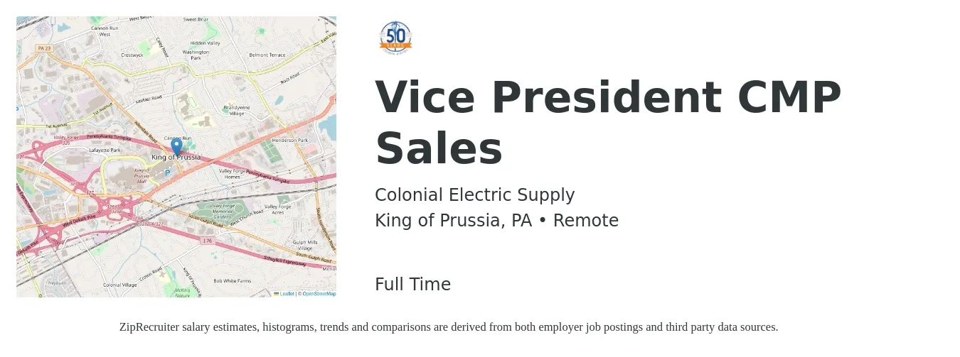 Colonial Electric Supply job posting for a Vice President CMP Sales in King of Prussia, PA with a salary of $122,200 to $190,600 Yearly with a map of King of Prussia location.