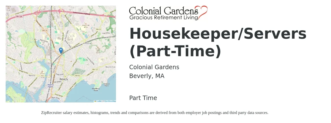 Colonial Gardens job posting for a Housekeeper/Servers (Part-Time) in Beverly, MA with a salary of $16 to $20 Hourly with a map of Beverly location.