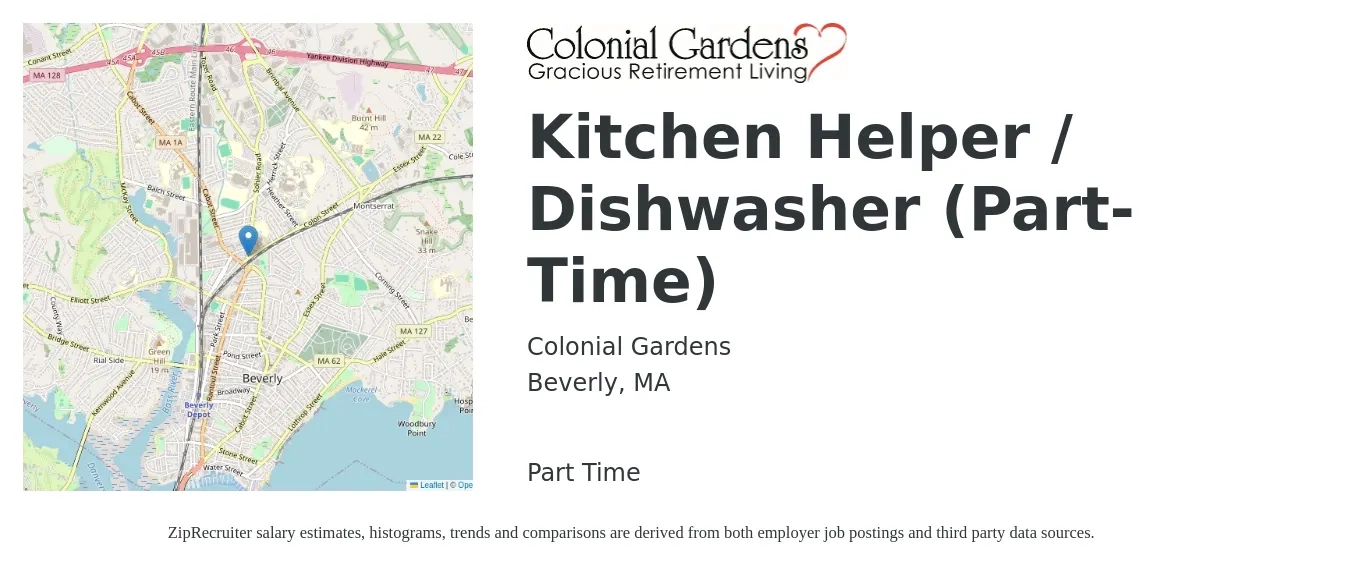 Colonial Gardens job posting for a Kitchen Helper / Dishwasher (Part-Time) in Beverly, MA with a salary of $14 to $18 Hourly with a map of Beverly location.
