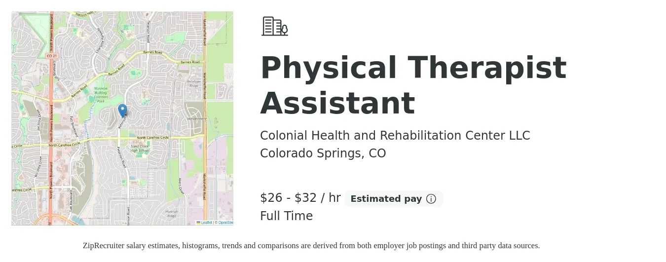 Colonial Health and Rehabilitation Center LLC job posting for a Physical Therapist Assistant in Colorado Springs, CO with a salary of $28 to $34 Hourly with a map of Colorado Springs location.