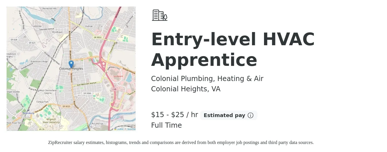 Colonial Plumbing, Heating & Air job posting for a Entry-level HVAC Apprentice in Colonial Heights, VA with a salary of $16 to $27 Hourly with a map of Colonial Heights location.