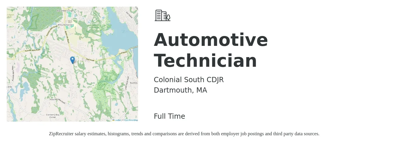 Colonial South CDJR job posting for a Automotive Technician in Dartmouth, MA with a salary of $23 to $37 Hourly with a map of Dartmouth location.