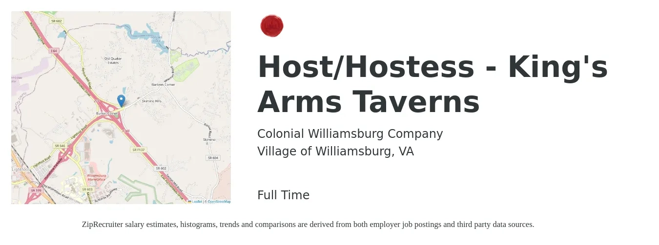 Colonial Williamsburg job posting for a Host/Hostess - King's Arms Taverns in Village of Williamsburg, VA with a salary of $13 to $17 Hourly with a map of Village of Williamsburg location.