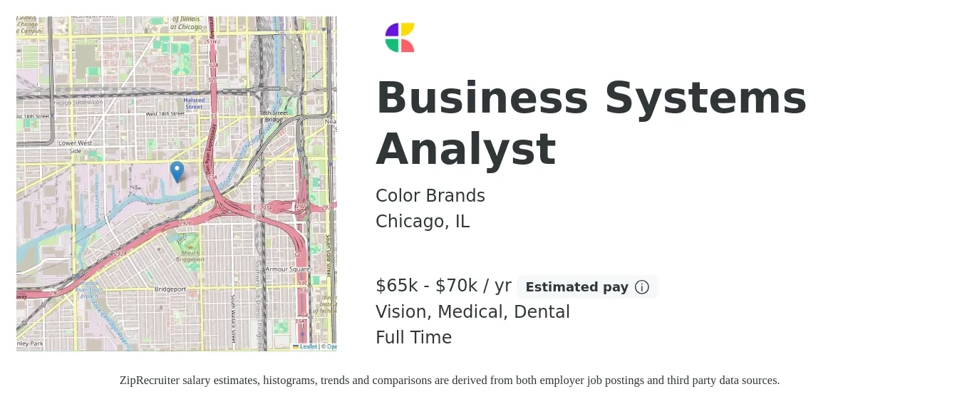 Color Brands job posting for a Business Systems Analyst in Chicago, IL with a salary of $65,000 to $70,000 Yearly and benefits including dental, medical, retirement, and vision with a map of Chicago location.