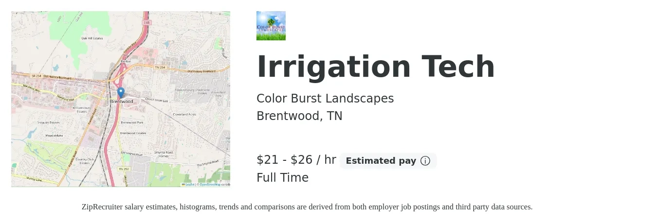 Color Burst Landscapes job posting for a Irrigation Tech in Brentwood, TN with a salary of $22 to $28 Hourly with a map of Brentwood location.
