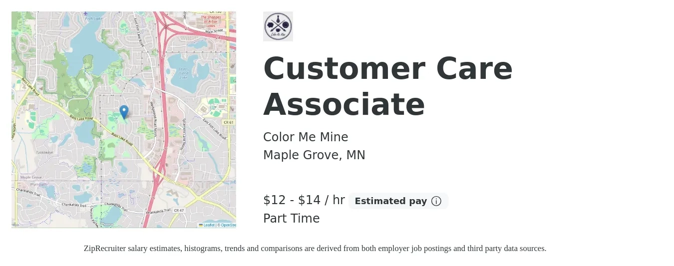 Color Me Mine job posting for a Customer Care Associate in Maple Grove, MN with a salary of $13 to $16 Hourly (plus commission) with a map of Maple Grove location.