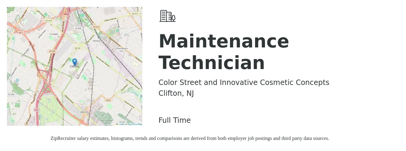 Color Street and Innovative Cosmetic Concepts job posting for a Maintenance Technician in Clifton, NJ with a salary of $20 to $28 Hourly with a map of Clifton location.