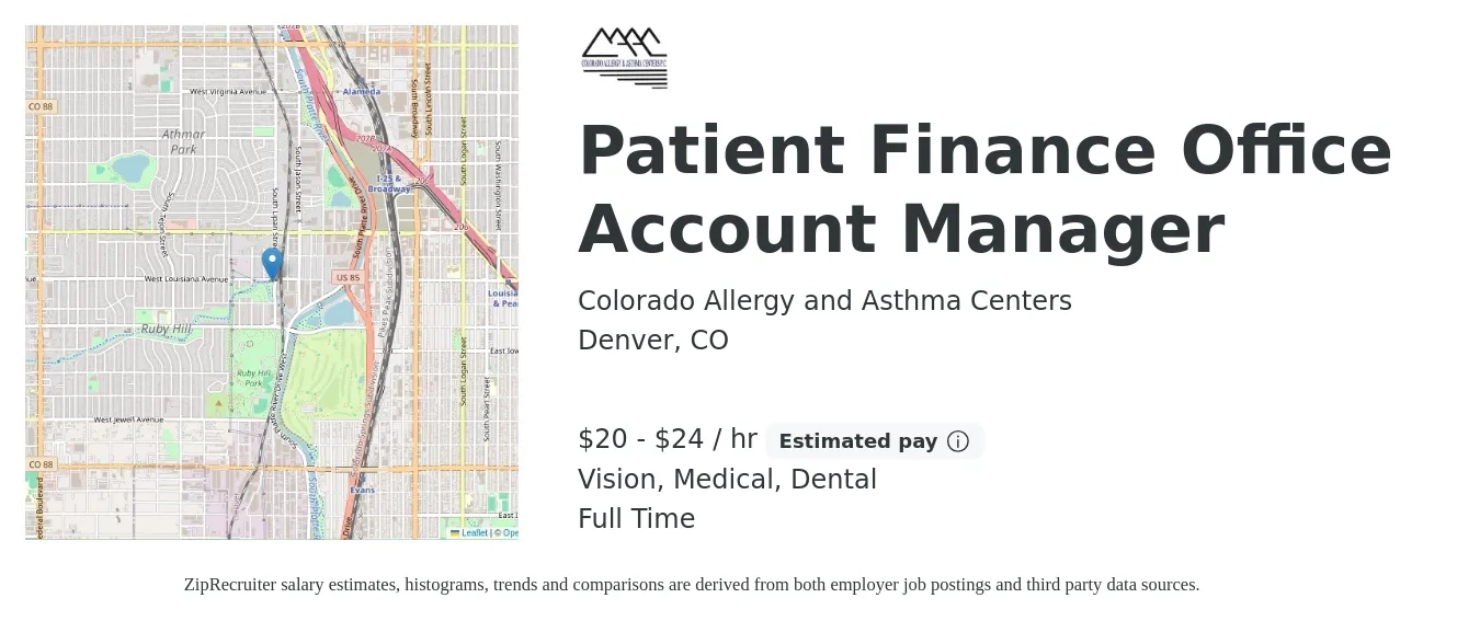 Colorado Allergy and Asthma Centers job posting for a Patient Finance Office Account Manager in Denver, CO with a salary of $21 to $25 Hourly and benefits including life_insurance, medical, pto, retirement, vision, and dental with a map of Denver location.