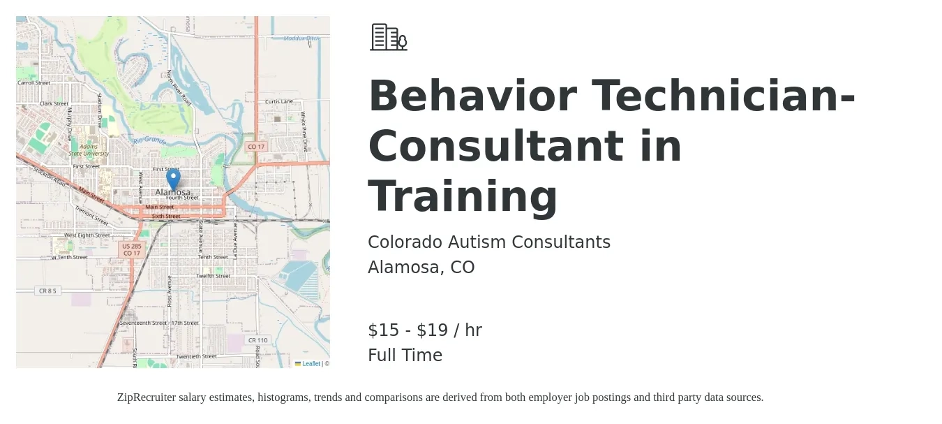 Colorado Autism Consultants job posting for a Behavior Technician-Consultant in Training in Alamosa, CO with a salary of $16 to $20 Hourly with a map of Alamosa location.