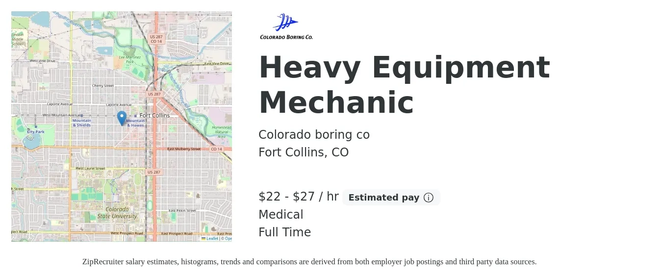 Colorado boring co job posting for a Heavy Equipment Mechanic in Fort Collins, CO with a salary of $23 to $28 Hourly and benefits including medical, and pto with a map of Fort Collins location.