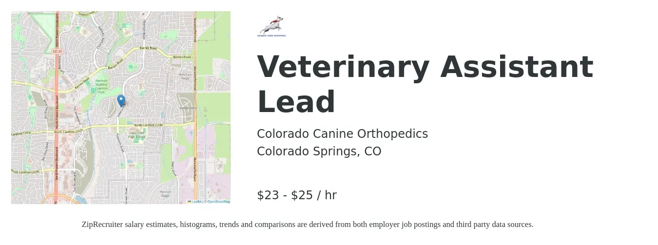 Colorado Canine Orthopedics job posting for a Veterinary Assistant Lead in Colorado Springs, CO with a salary of $24 to $26 Hourly with a map of Colorado Springs location.