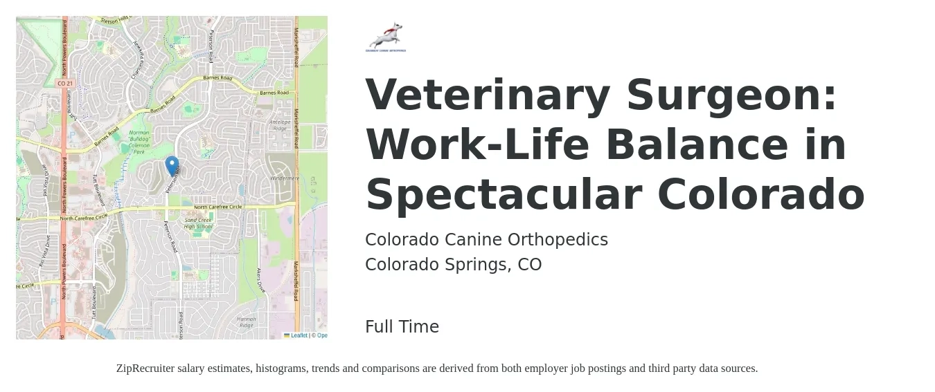 Colorado Canine Orthopedics job posting for a Veterinary Surgeon: Work-Life Balance in Spectacular Colorado in Colorado Springs, CO with a salary of $283,100 to $306,800 Yearly with a map of Colorado Springs location.